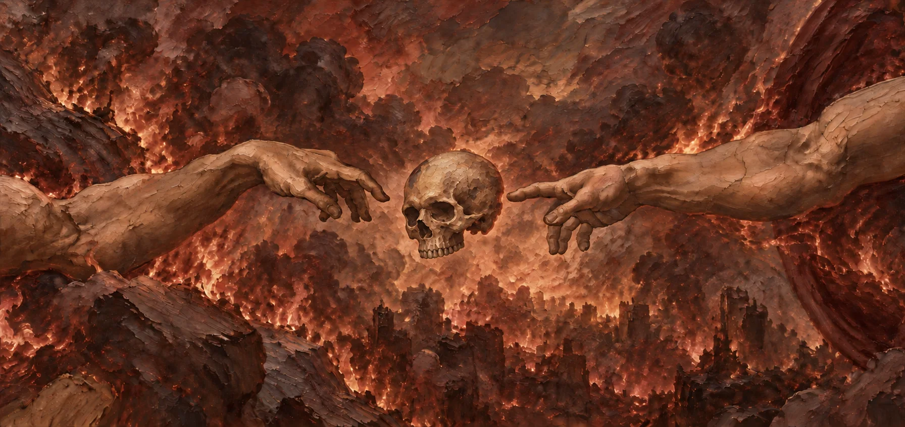 Two hands reach for a skull over a burning city